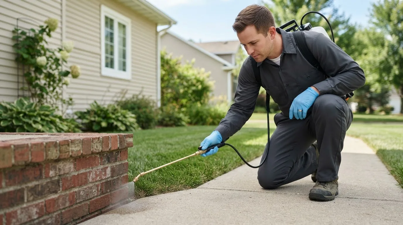 Pest control technician treating a home near Des Lacs, ND
