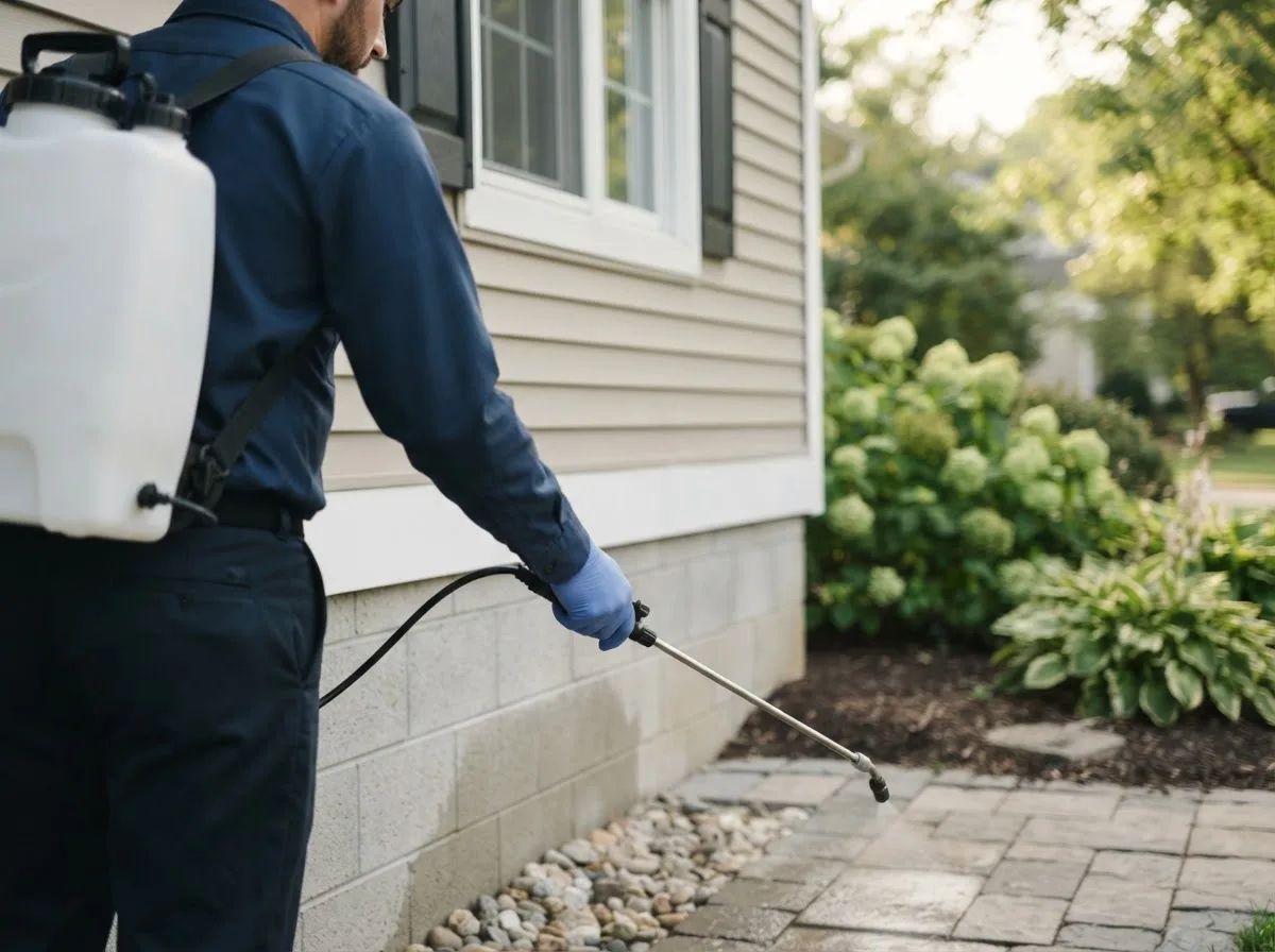 Pest control technician inspecting a home in Des Lacs, ND